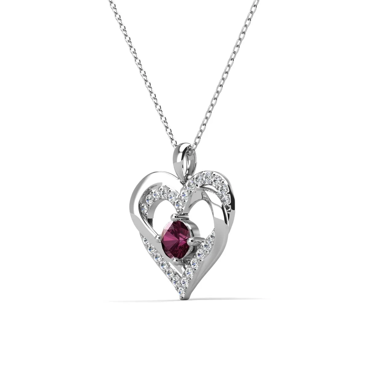Forever 18k White Gold Plated Birthstone Double Heart Necklace with Crystals