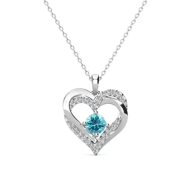 Forever 18k White Gold Plated Birthstone Double Heart Necklace with Crystals
