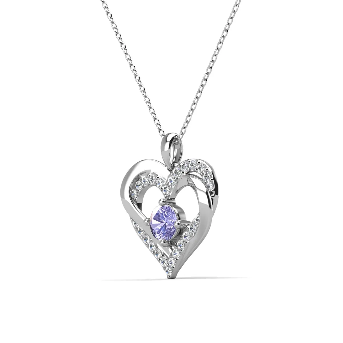 Forever 18k White Gold Plated Birthstone Double Heart Necklace with Crystals