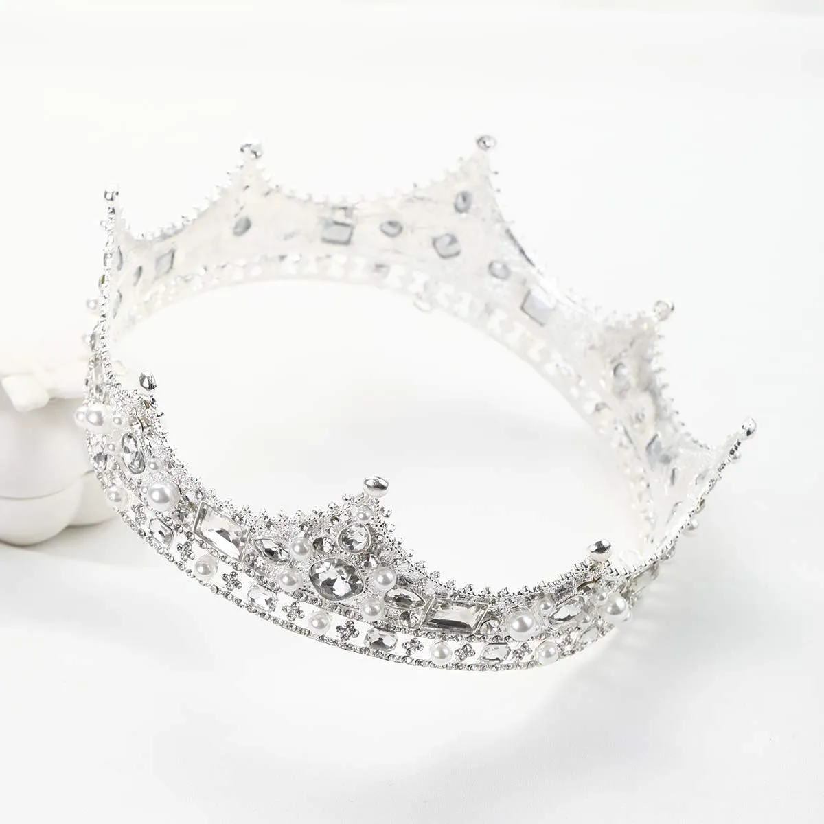 FORSEVEN King Crown for Men Crystal Pearl Wedding Tiaras Birthday Party Round Crowns