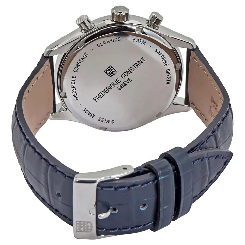 Frederique Constant Classics Chronograph Stainless Steel Blue Dial Blue Leather Strap Date Quartz Mens Watch FC-292MNS5B6