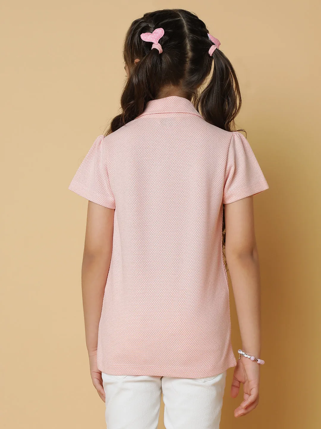 Girls Pink Solid Cotton Polo T-shirt