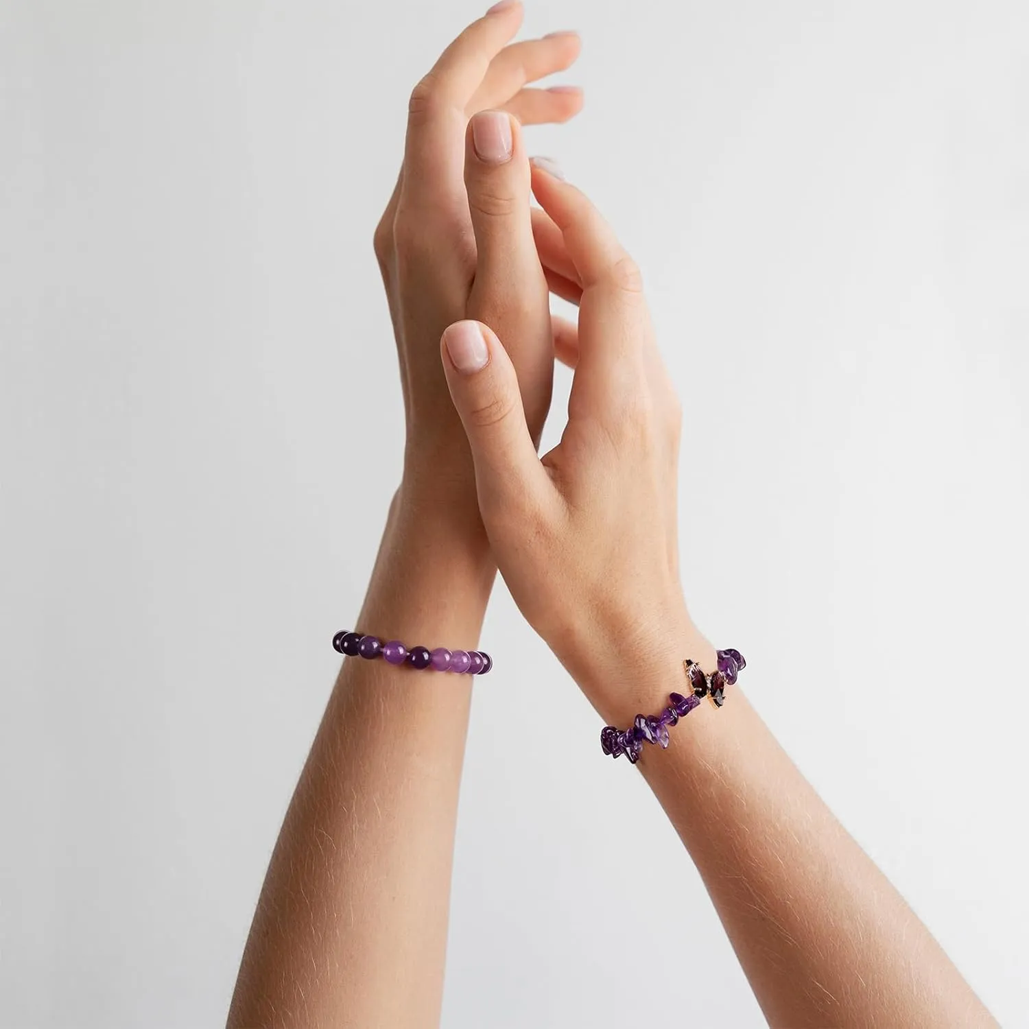 GolbalJew Amethyst Bracelet For Women Anxiety Amethyst Beaded Bracelets Butterfly Charms Healing Stone Layered Bracelet Gifts For Women