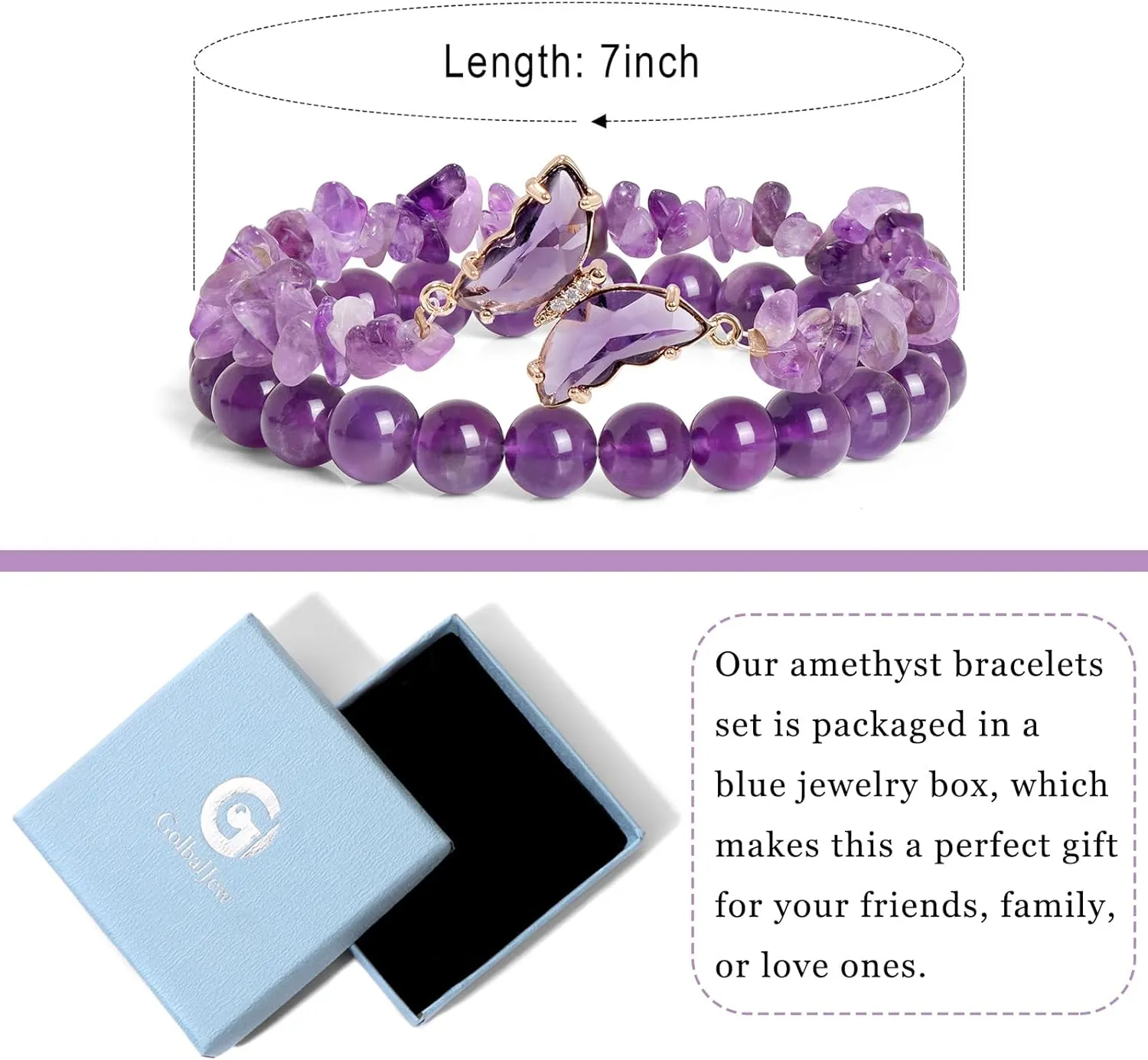 GolbalJew Amethyst Bracelet For Women Anxiety Amethyst Beaded Bracelets Butterfly Charms Healing Stone Layered Bracelet Gifts For Women