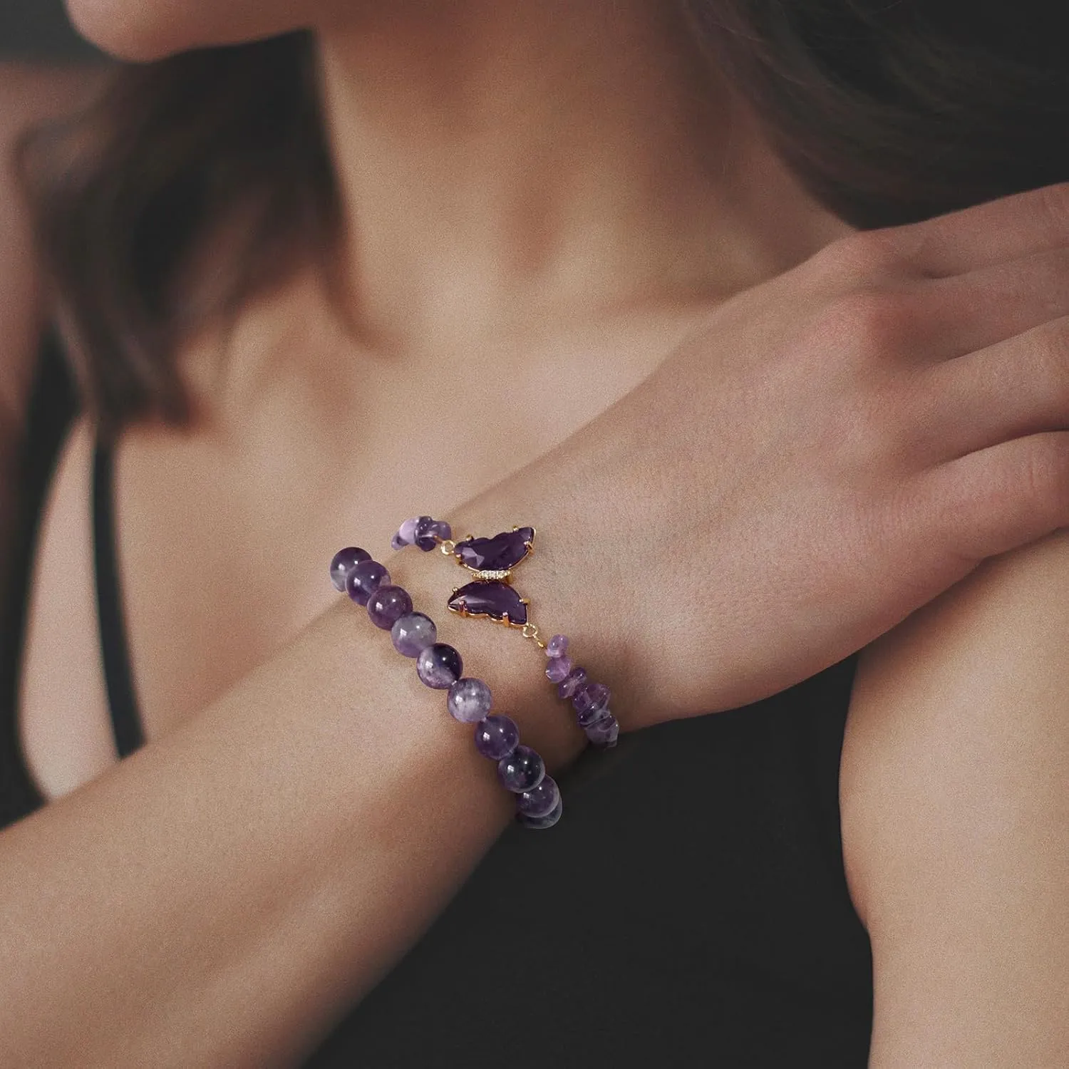 GolbalJew Amethyst Bracelet For Women Anxiety Amethyst Beaded Bracelets Butterfly Charms Healing Stone Layered Bracelet Gifts For Women