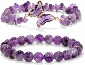 GolbalJew Amethyst Bracelet For Women Anxiety Amethyst Beaded Bracelets Butterfly Charms Healing Stone Layered Bracelet Gifts For Women