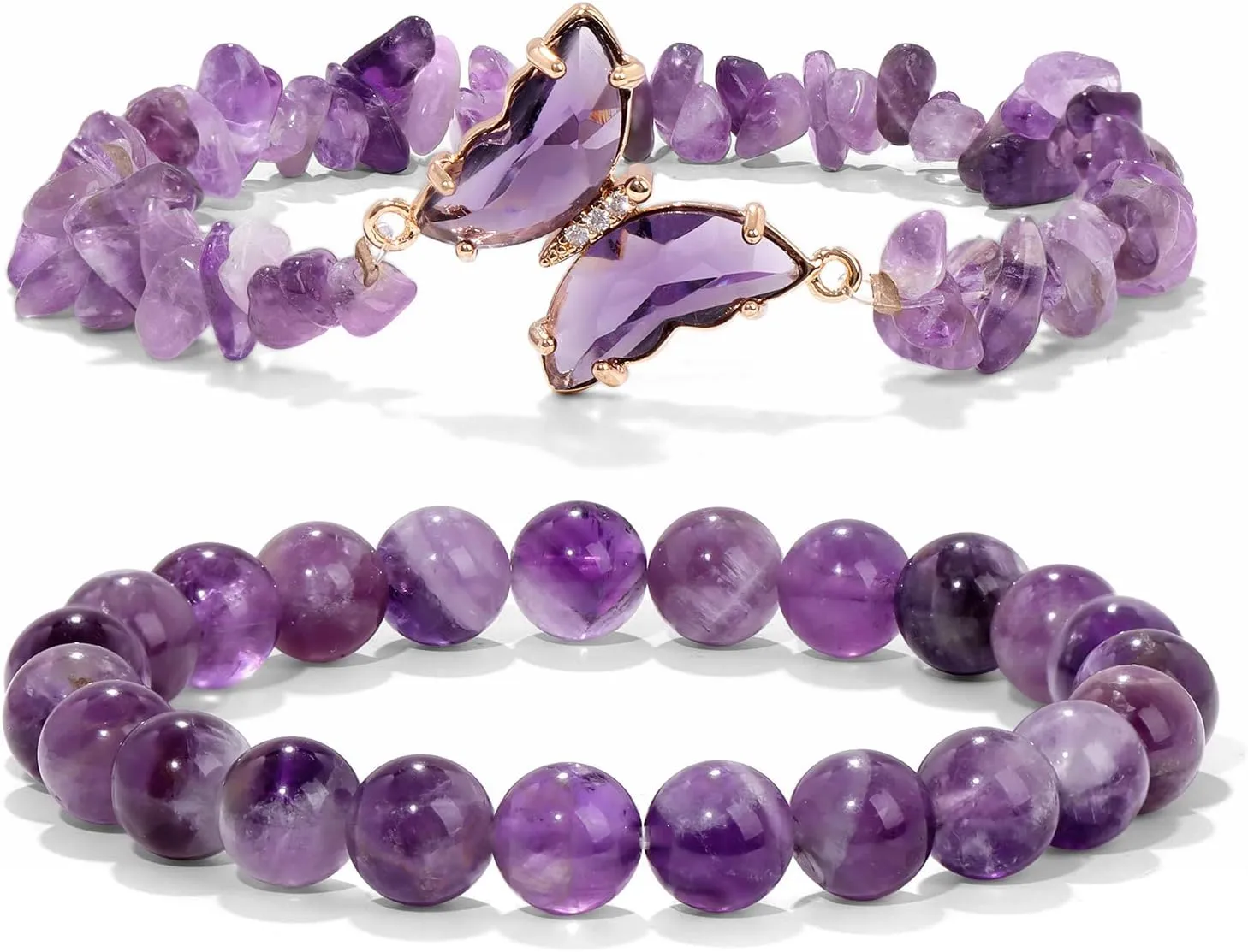 GolbalJew Amethyst Bracelet For Women Anxiety Amethyst Beaded Bracelets Butterfly Charms Healing Stone Layered Bracelet Gifts For Women
