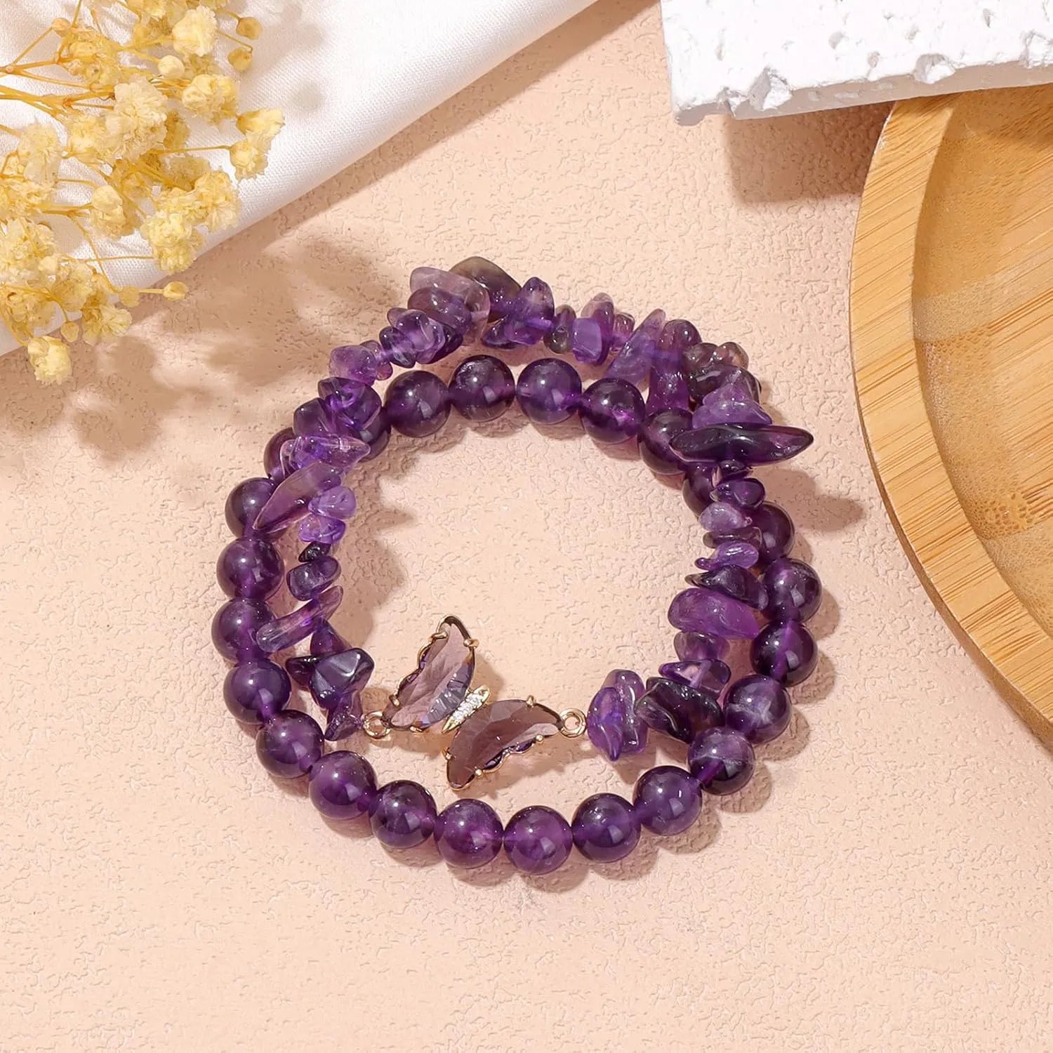 GolbalJew Amethyst Bracelet For Women Anxiety Amethyst Beaded Bracelets Butterfly Charms Healing Stone Layered Bracelet Gifts For Women