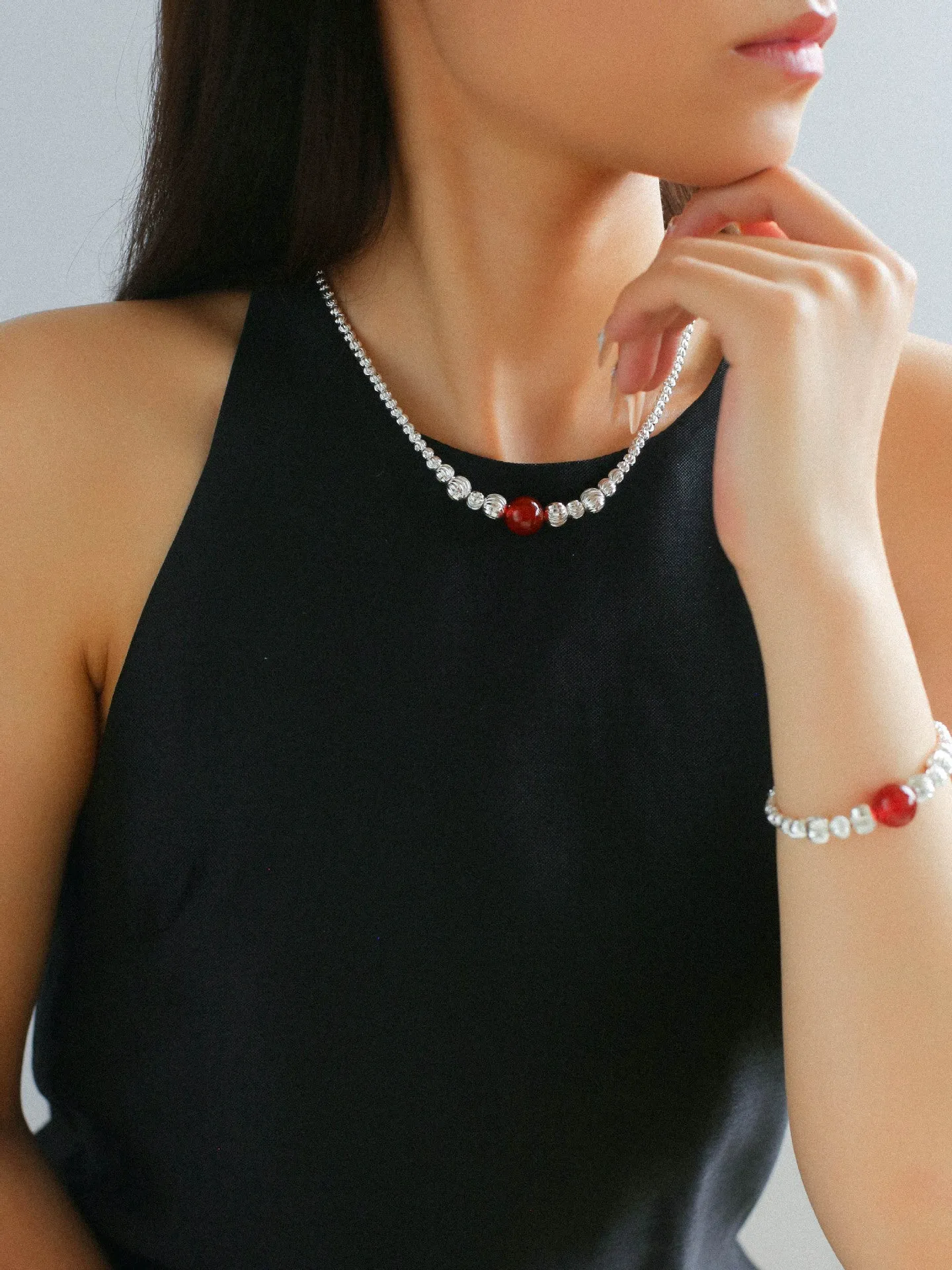 Graduated Silver Bean and Onyx Bracelet