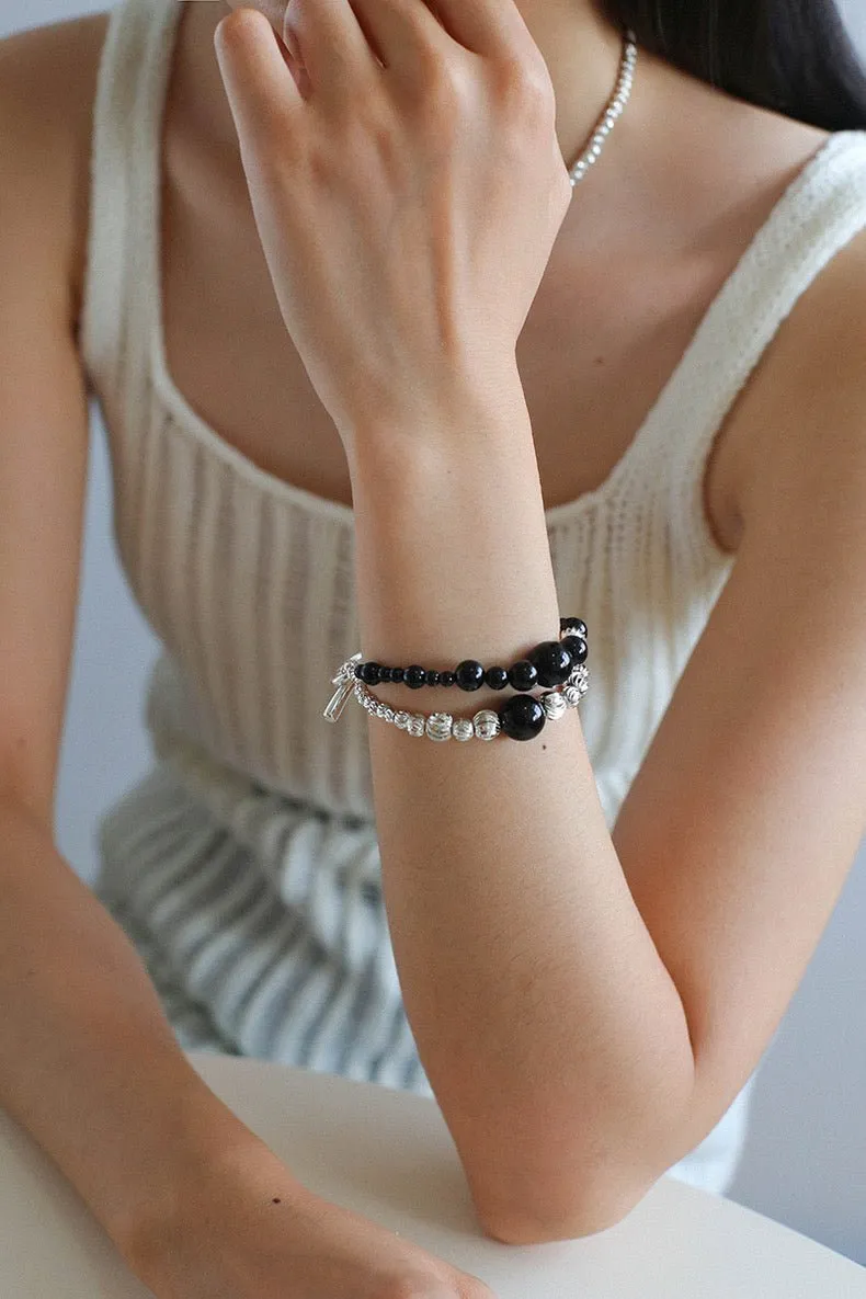 Graduated Silver Bean and Onyx Bracelet