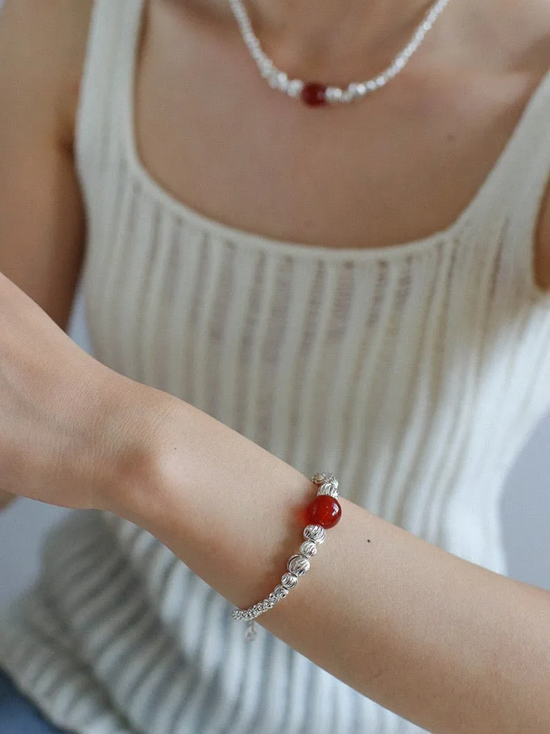 Graduated Silver Bean and Onyx Bracelet