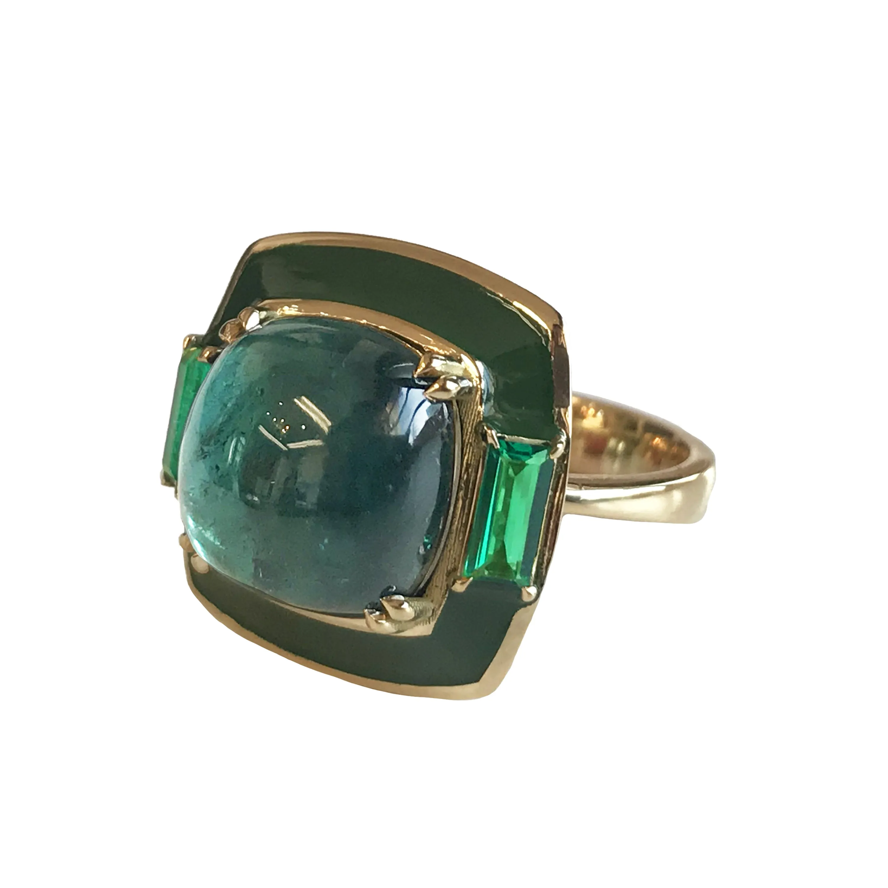 Green Tourmaline and Emerald Enamel Ring
