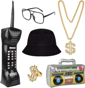 Hip Hop Costume Kit, Bucket Hat Sunglasses Inflatable Boom Box Phone Dollar Sign Gold Chain 80/90s Party Supplies Cosplay Props