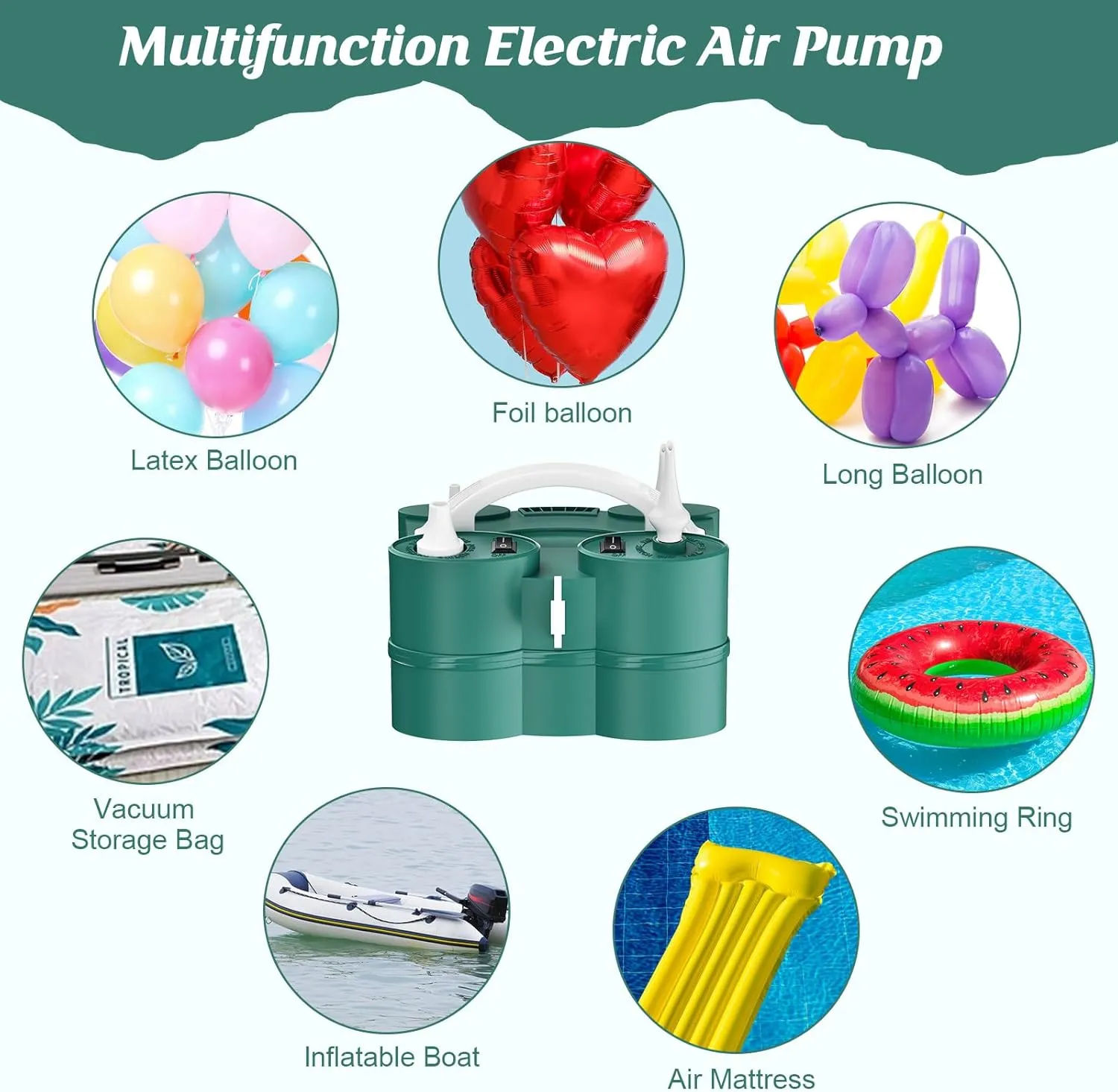 IDAODAN Electric Balloon Pump, Portable Electric Balloon Blower Machine Balloon Air Pump Dual Nozzle Rose Red 110V 600W Balloon Inflator for Party Decorations
