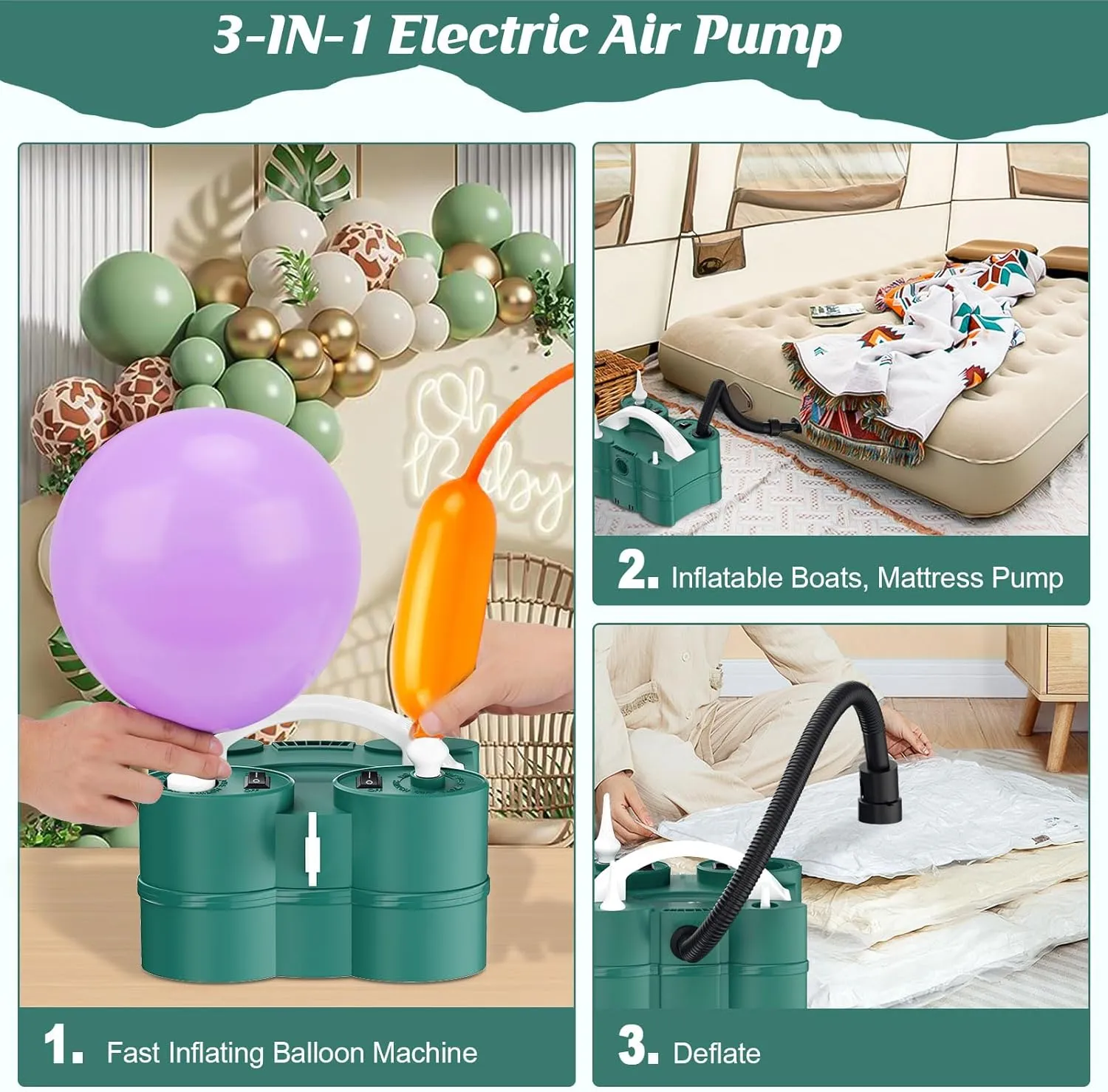 IDAODAN Electric Balloon Pump, Portable Electric Balloon Blower Machine Balloon Air Pump Dual Nozzle Rose Red 110V 600W Balloon Inflator for Party Decorations