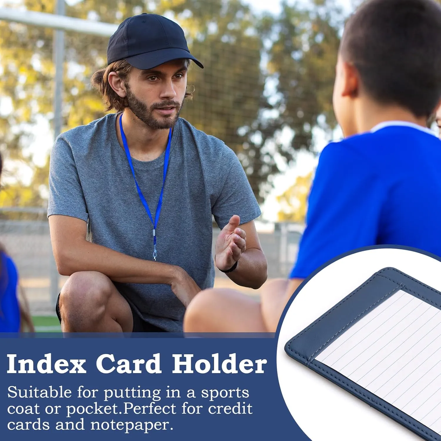 Index Card Holder 3 x 5 PU Index Card Wallet Portable Pocket Notepad Holder with 25 Lined Sheets Mini Note Card Holder Writing Case with Card Slot Note Card Case for Record Sports No Pen (Blue)
