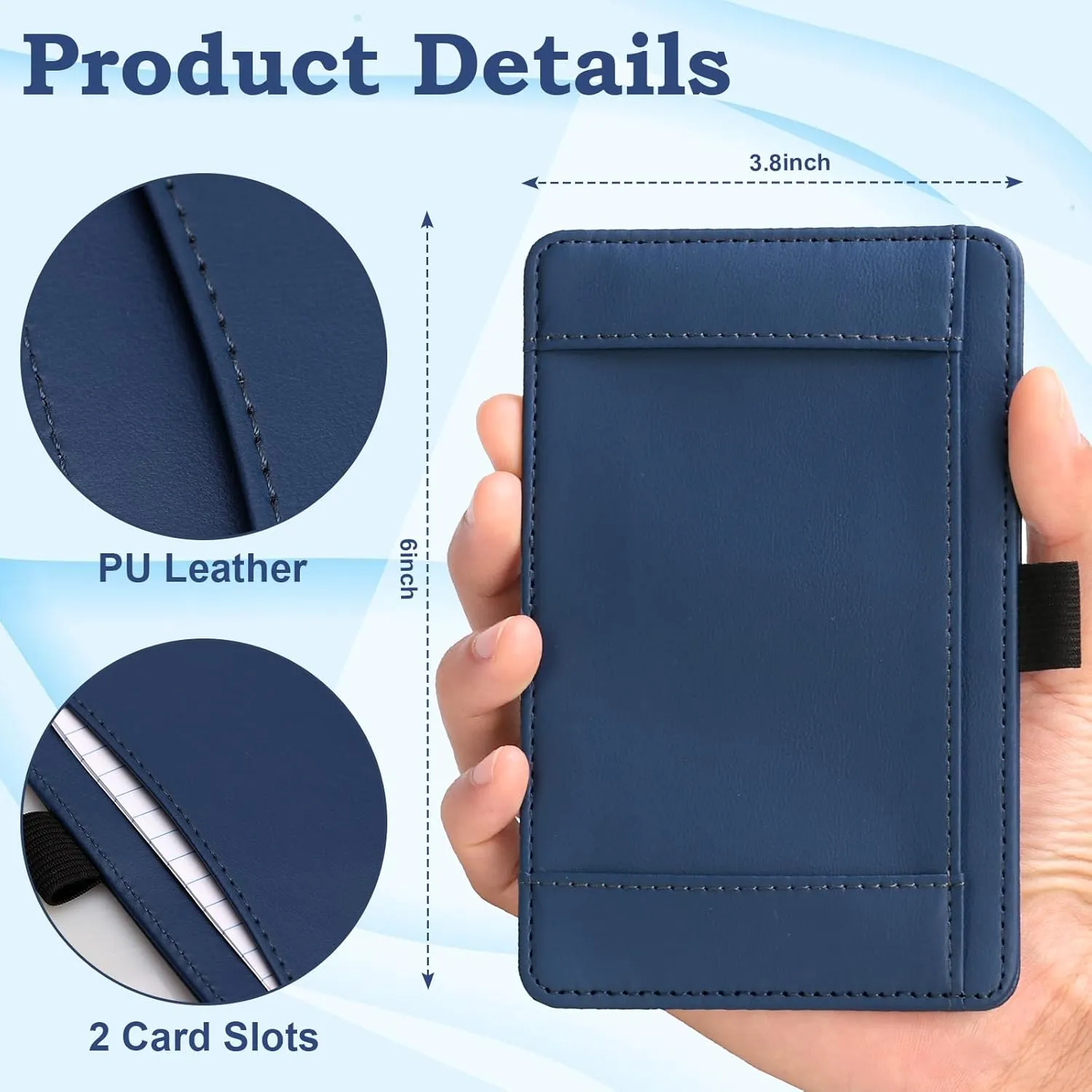 Index Card Holder 3 x 5 PU Index Card Wallet Portable Pocket Notepad Holder with 25 Lined Sheets Mini Note Card Holder Writing Case with Card Slot Note Card Case for Record Sports No Pen (Blue)
