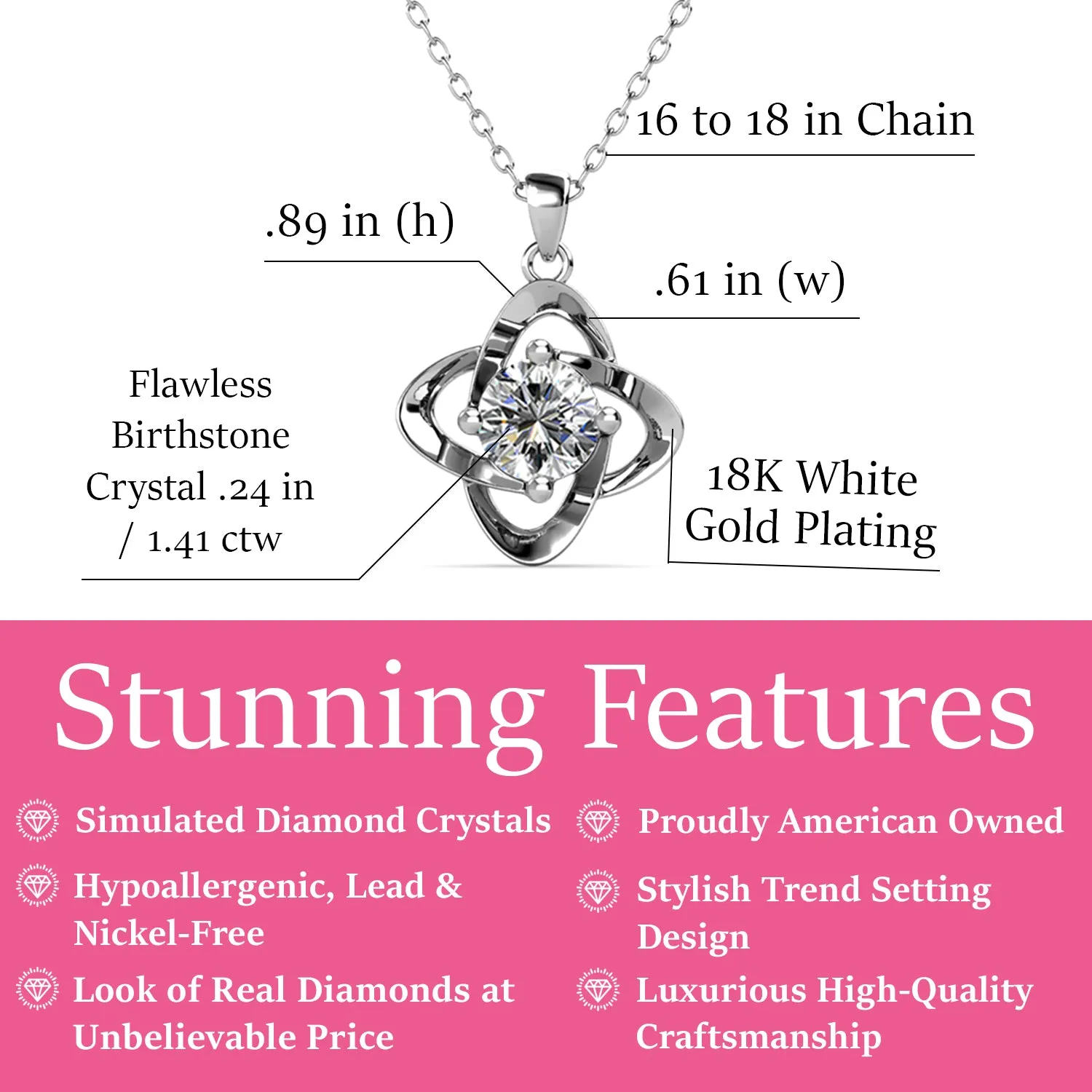 Infinity April Birthstone Diamond Necklace, 18k White Gold Plated Silver Birthstone Crystal Necklace