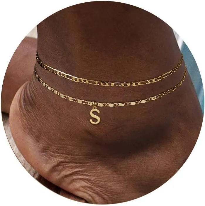 Initial Letter Ankle Bracelets Set for Women 14K Gold Plated Layered Waterproof Anklets Figaro Chain Rhinestone Dainty Anklet Set Adjustable Size Summer Beach Jewelry for Women