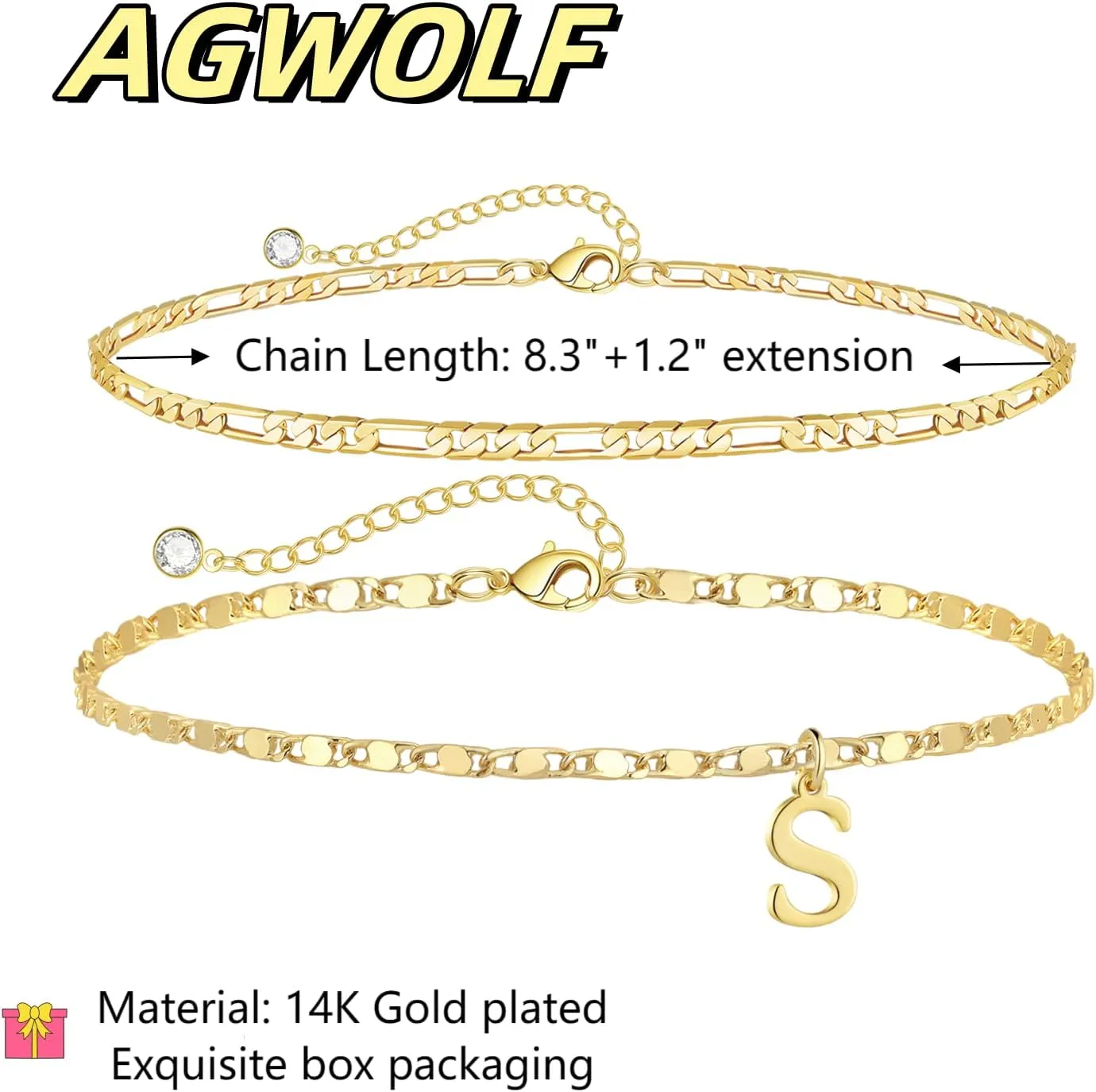 Initial Letter Ankle Bracelets Set for Women 14K Gold Plated Layered Waterproof Anklets Figaro Chain Rhinestone Dainty Anklet Set Adjustable Size Summer Beach Jewelry for Women