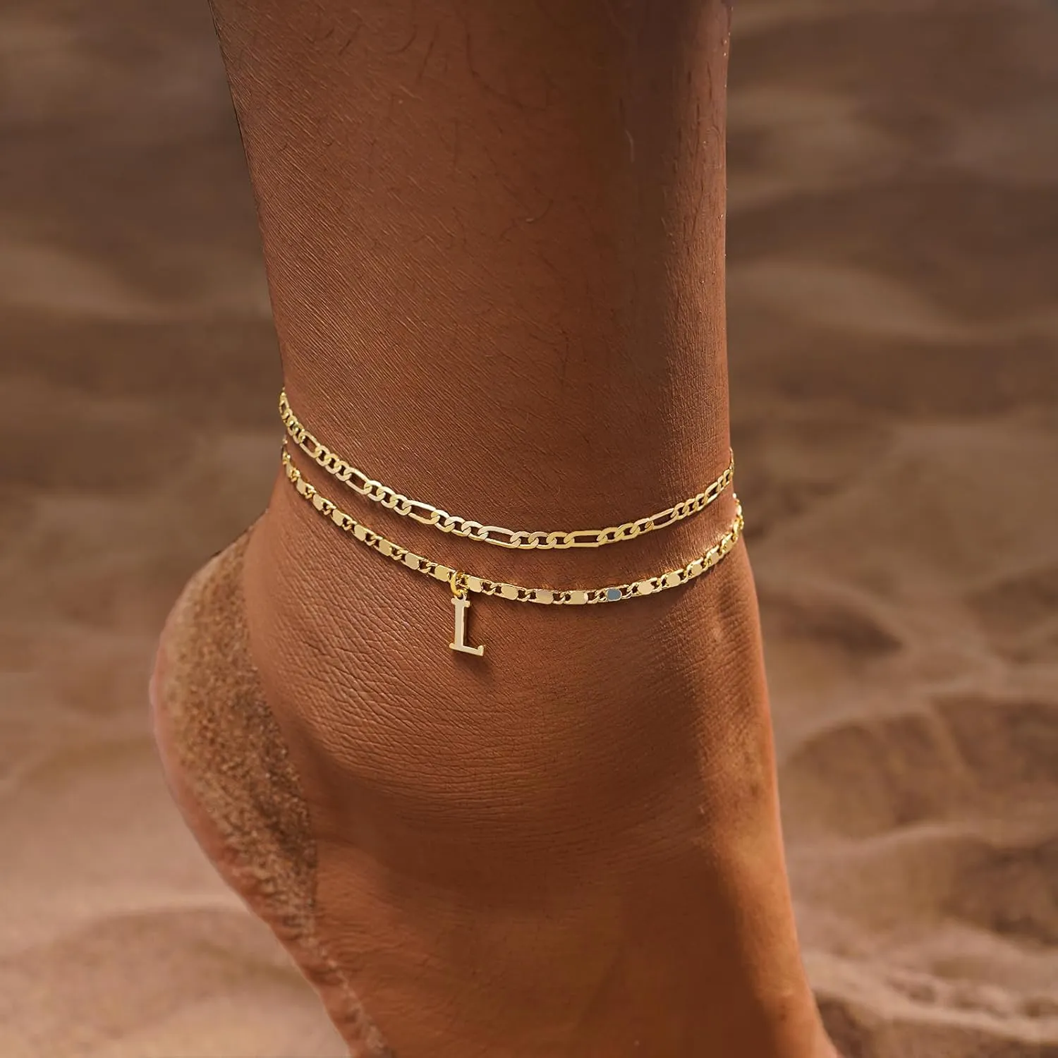 Initial Letter Ankle Bracelets Set for Women 14K Gold Plated Layered Waterproof Anklets Figaro Chain Rhinestone Dainty Anklet Set Adjustable Size Summer Beach Jewelry for Women