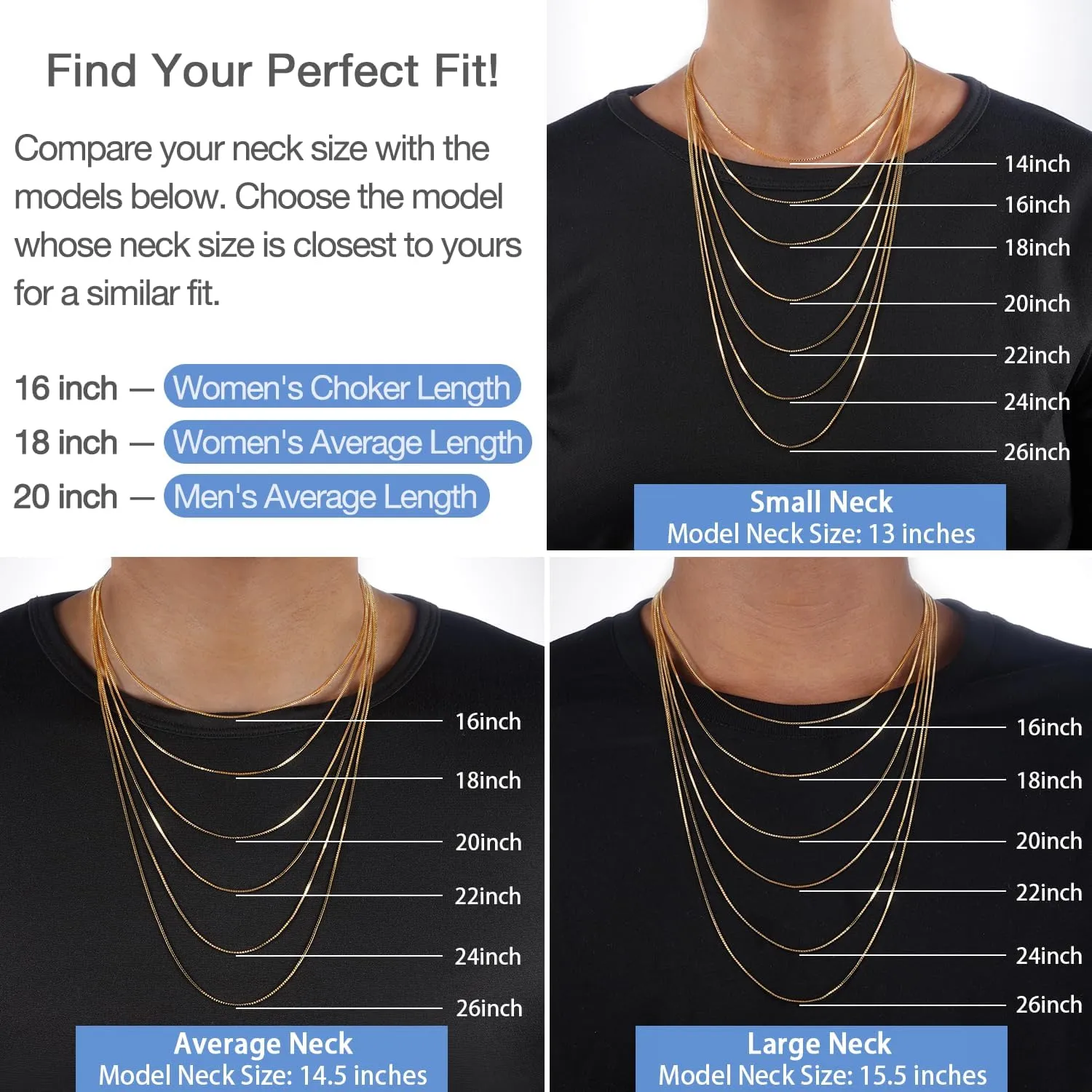Jewlpire Italian 1.3mm Solid 14K Gold Over 925 Sterling Silver Chain Necklace for Women, Italian Box Chain Thin & Strong Women's Chain Necklaces 14 16 18 20 22 24 26 Inches