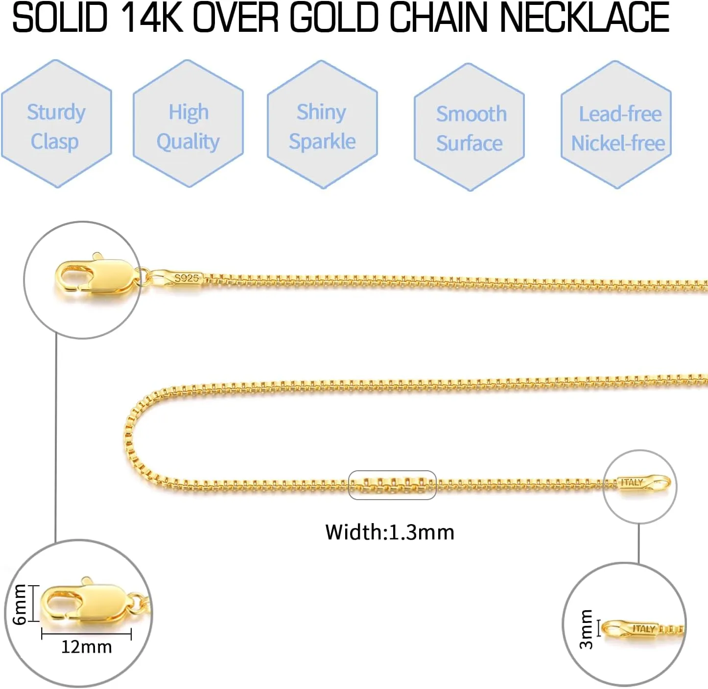 Jewlpire Italian 1.3mm Solid 14K Gold Over 925 Sterling Silver Chain Necklace for Women, Italian Box Chain Thin & Strong Women's Chain Necklaces 14 16 18 20 22 24 26 Inches
