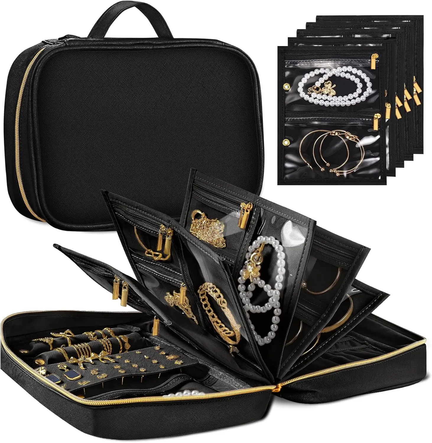 Leather Travel Jewelry Case Organizer,Jewelry Storage Book Binder with Clear Zipper Pouch & Lining-Portable Jewelry Bag for Earrings,Rings,Necklaces,Bracelets-Perfect for Women,Traveling (Black)