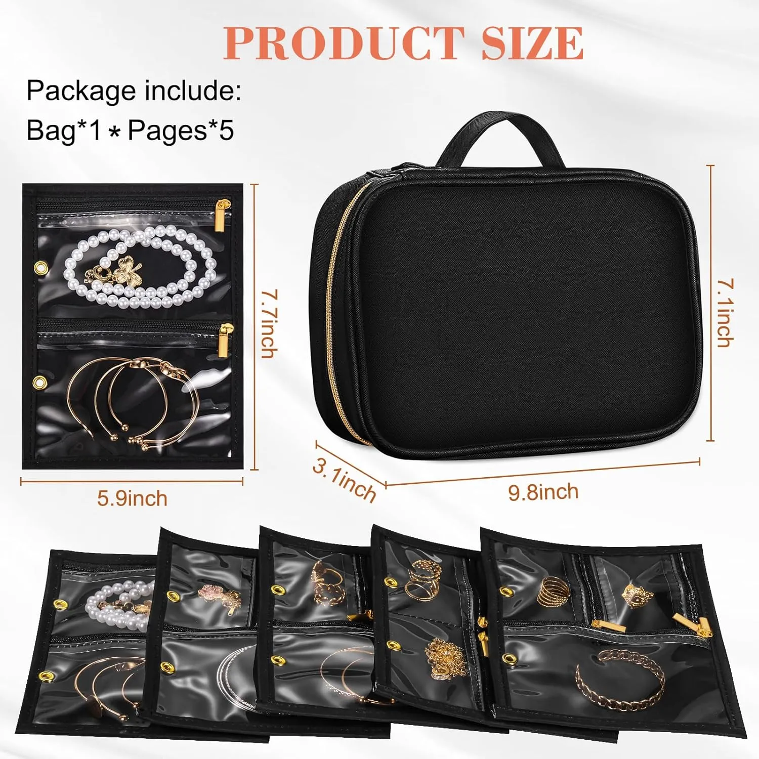 Leather Travel Jewelry Case Organizer,Jewelry Storage Book Binder with Clear Zipper Pouch & Lining-Portable Jewelry Bag for Earrings,Rings,Necklaces,Bracelets-Perfect for Women,Traveling (Black)