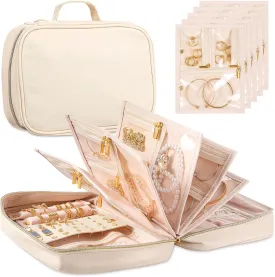 Leather Travel Jewelry Case Organizer,Jewelry Storage Book Binder with Clear Zipper Pouch & Lining-Portable Jewelry Bag for Earrings,Rings,Necklaces,Bracelets-Perfect for Women,Traveling (Off-white)