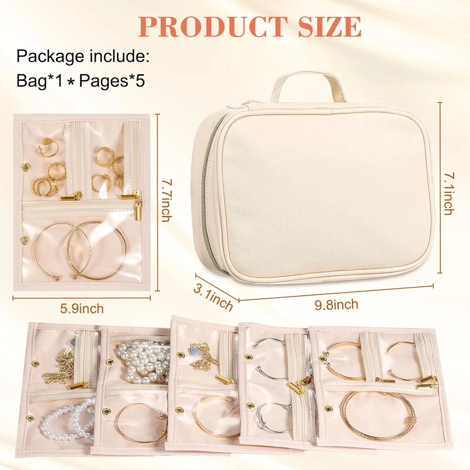 Leather Travel Jewelry Case Organizer,Jewelry Storage Book Binder with Clear Zipper Pouch & Lining-Portable Jewelry Bag for Earrings,Rings,Necklaces,Bracelets-Perfect for Women,Traveling (Off-white)