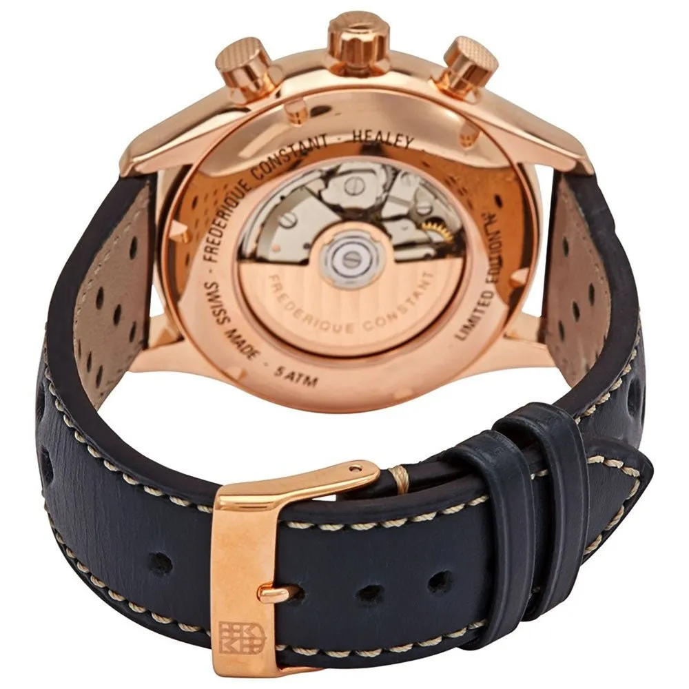 Limited Edition Frederique Constant Vintage Rally Healey Chronograph Automatic Rose Gold Tone Steel Blue Dial Blue Leather Mens Watch FC-397HN5B4