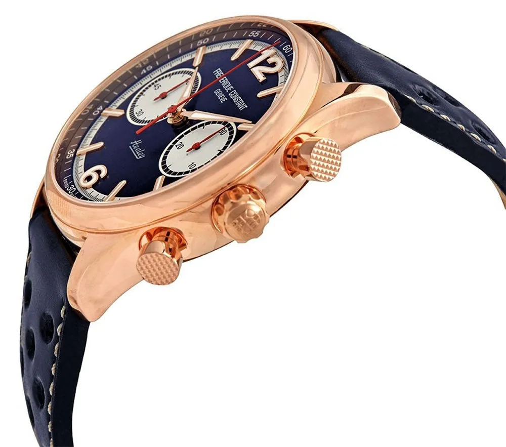 Limited Edition Frederique Constant Vintage Rally Healey Chronograph Automatic Rose Gold Tone Steel Blue Dial Blue Leather Mens Watch FC-397HN5B4