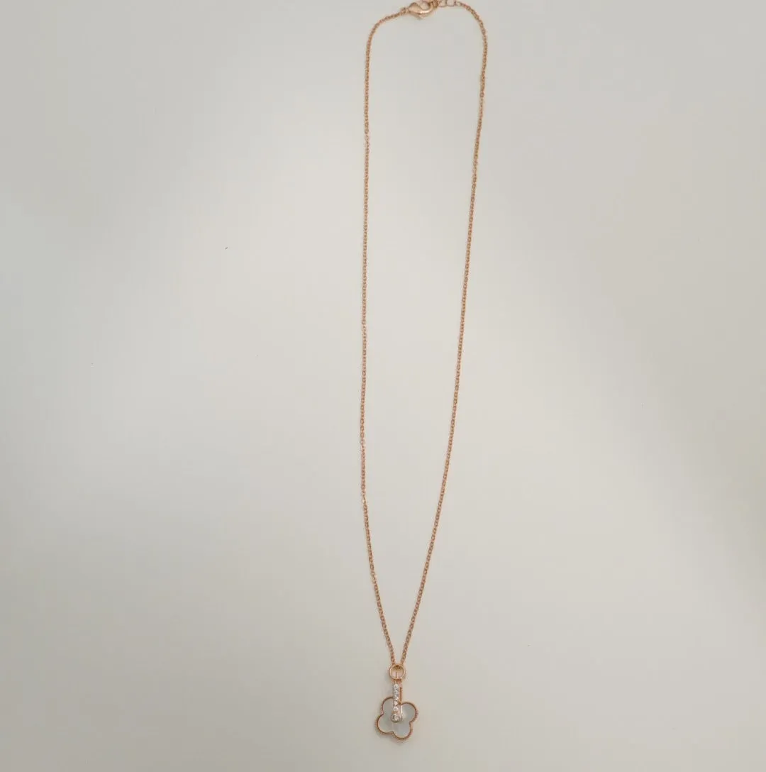 Linear Zirconia Studded Floral Mother of Pearl Pendant in Rose Gold Pendant Necklace