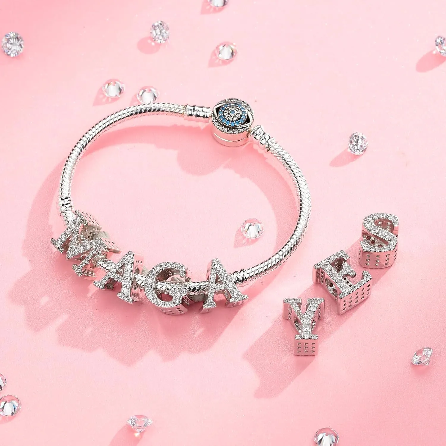 LNQOBU A~Z Alphabet Charm Letter Beads 925 Sterling Silver with Cubic Stones,Minimalist style Charms fits Pandora Bracelets & Necklace Womens Jewelry Gift
