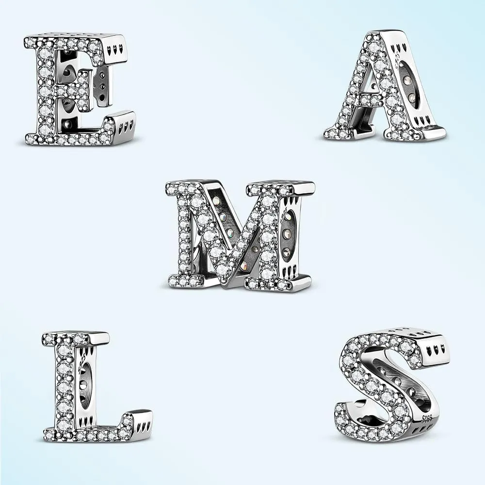 LNQOBU A~Z Alphabet Charm Letter Beads 925 Sterling Silver with Cubic Stones,Minimalist style Charms fits Pandora Bracelets & Necklace Womens Jewelry Gift