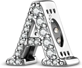 LNQOBU A~Z Alphabet Charm Letter Beads 925 Sterling Silver with Cubic Stones,Minimalist style Charms fits Pandora Bracelets & Necklace Womens Jewelry Gift