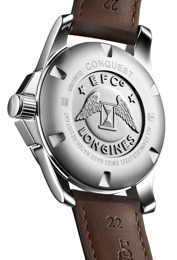 Longines Conquest Automatic Stainless Steel Brown Leather Strap Silver Dial Date Mens Watch L3.778.4.76.5