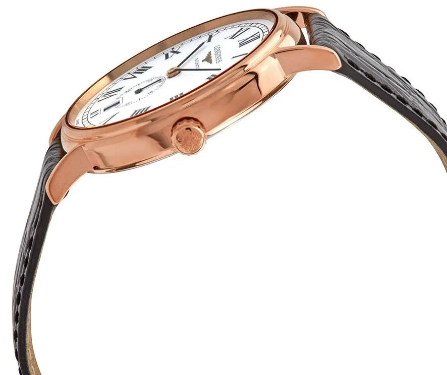 Longines Presence Automatic Rose Gold PVD White Dial Black Leather Strap Date Mens Watch L4.805.1.11.2