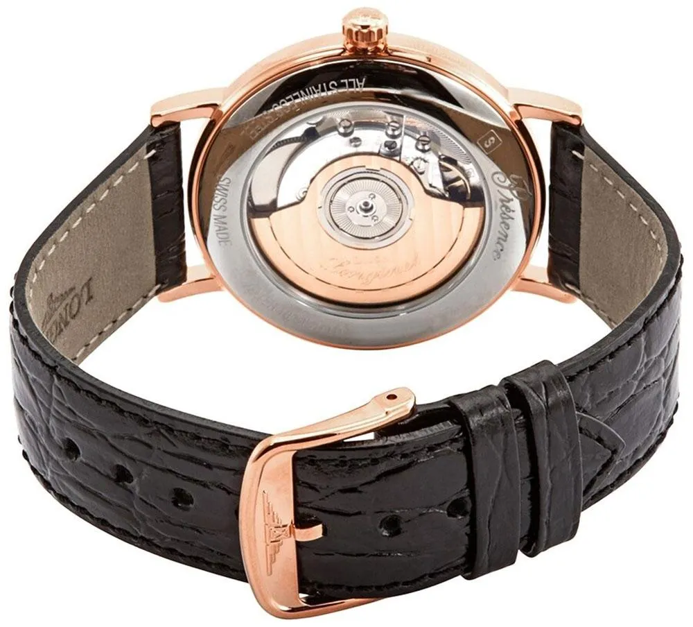 Longines Presence Automatic Rose Gold PVD White Dial Black Leather Strap Date Mens Watch L4.805.1.11.2