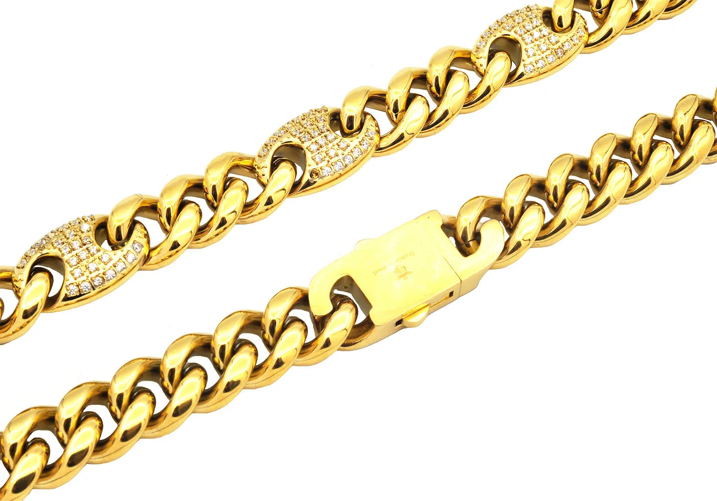 Mens 10mm Gold Plated Stainless Steel Mariner Curb Chain Necklace With Cubic Zirconia