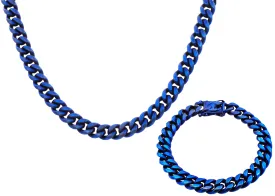 Mens 10mm Matte Blue Stainless Steel Cuban Link Chain With Box Clasp Set