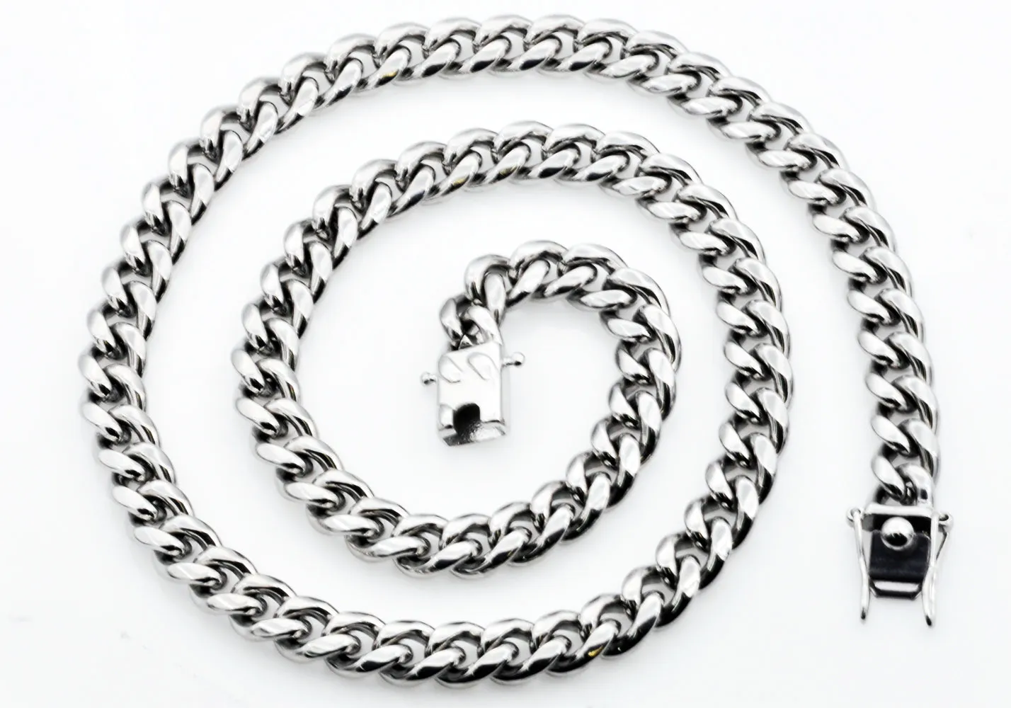 Mens 10mm Stainless Steel Cuban Link Chain Necklace With Box Clasp