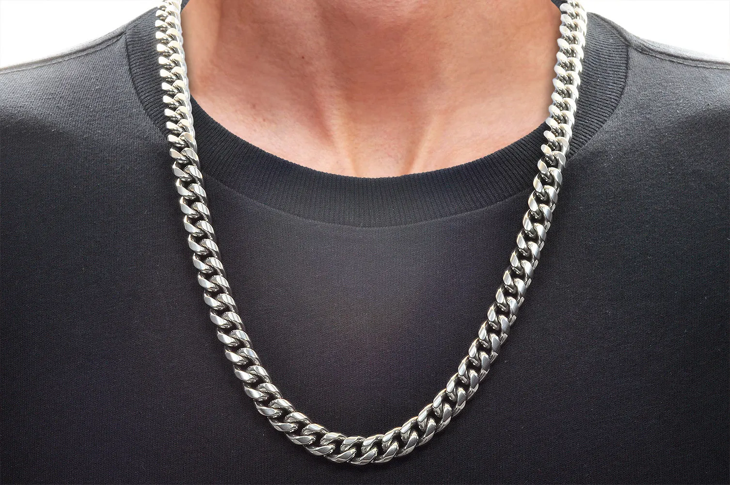 Mens 10mm Stainless Steel Cuban Link Chain Necklace With Box Clasp