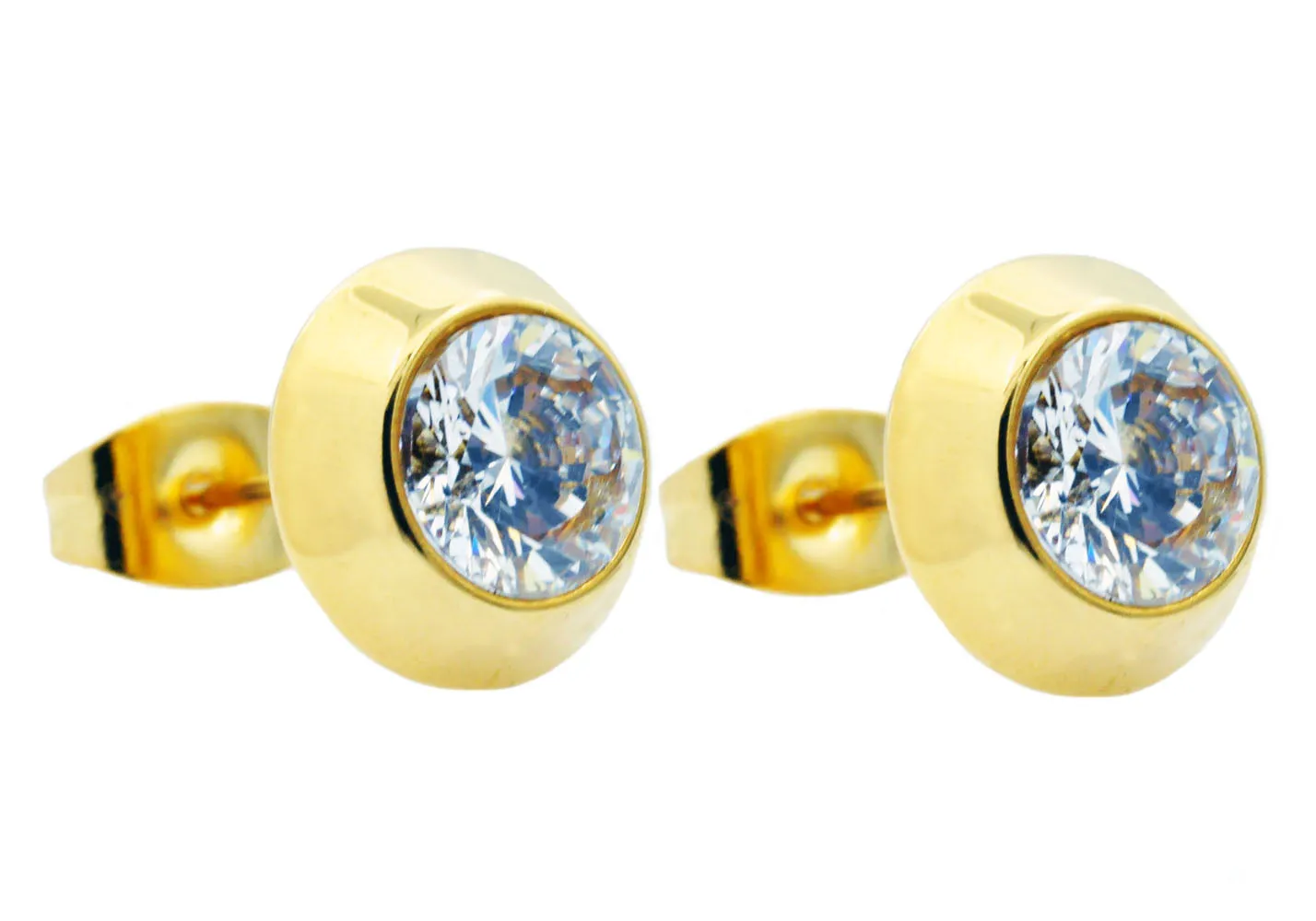 Mens 9mm Gold Stainless Steel Earrings With Cubic Zirconia