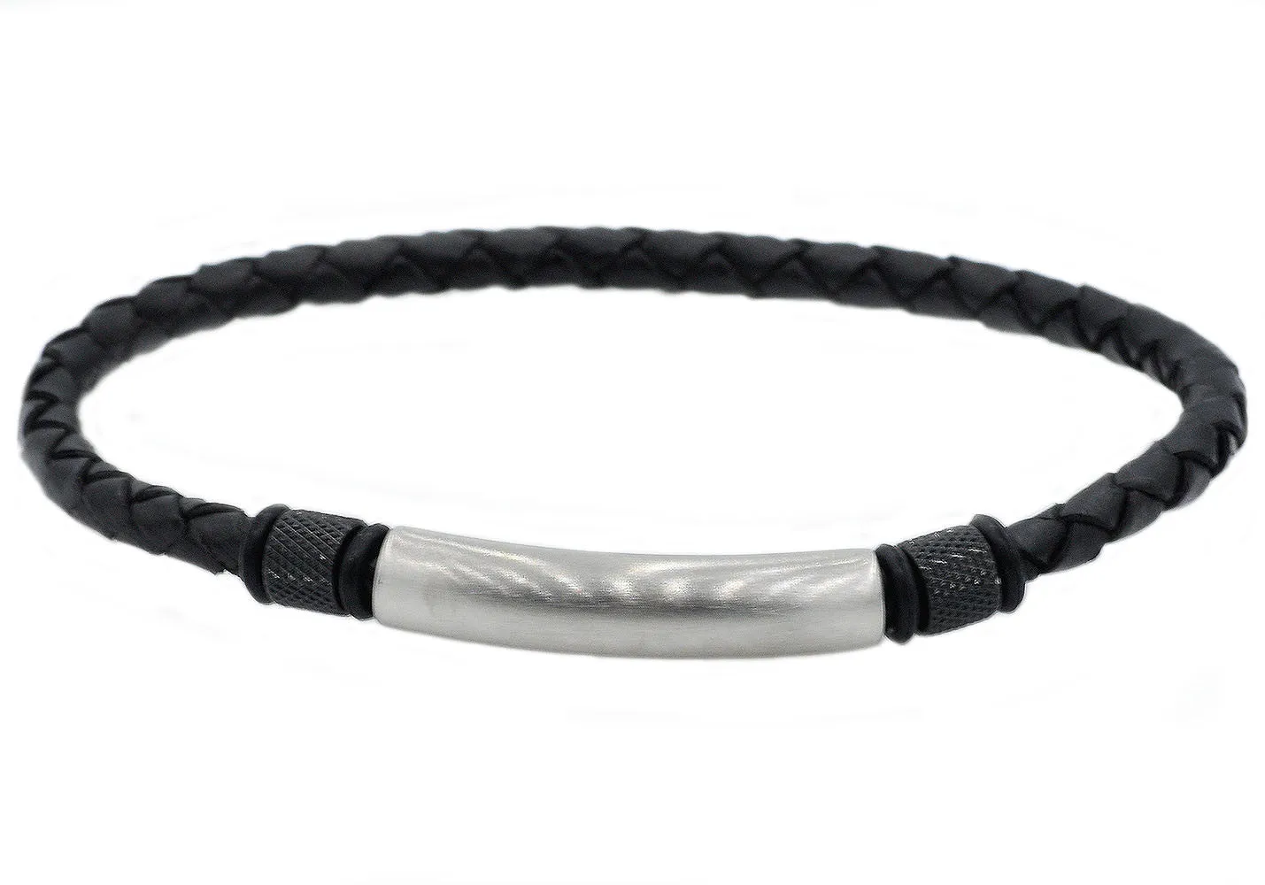 Mens Black Leather And Stainless Steel Bracelet