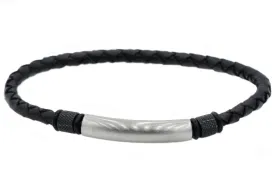 Mens Black Leather And Stainless Steel Bracelet