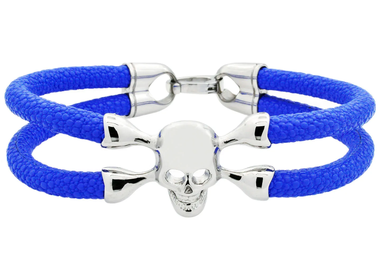 Mens Blue Leather And Stainless Steel Skull Bracelet
