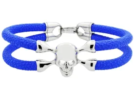 Mens Blue Leather And Stainless Steel Skull Bracelet