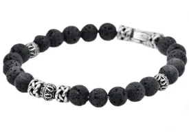 Mens Genuine Lava Stone Stainless Steel Bracelet